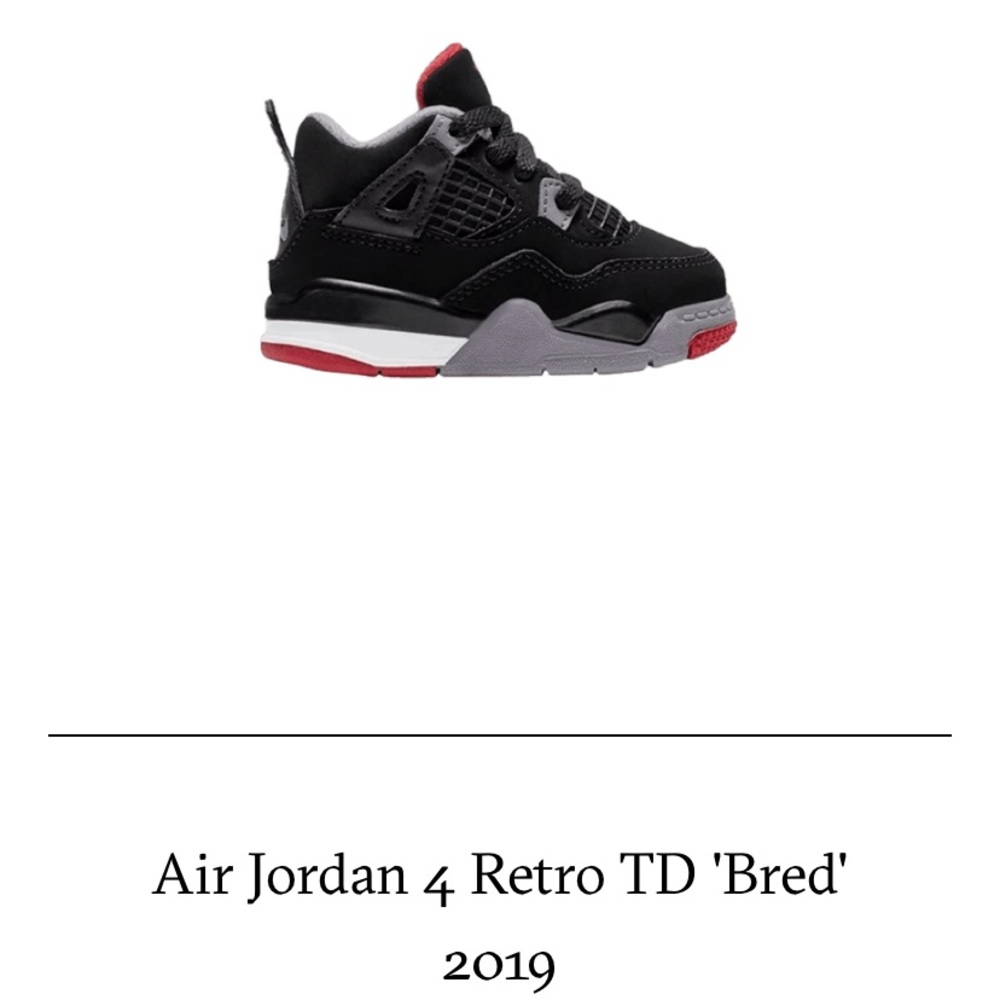 Kids sized version Air Jordan 4 Retro TD Bred 2019